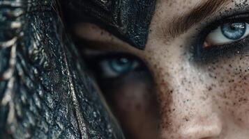 Eyes of a warrior adorned with intricate makeup and fierce expression captured in a dramatic close-up shot photo