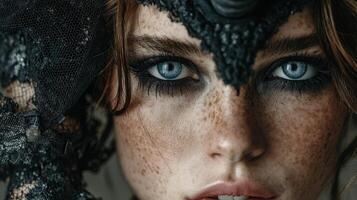 Close-up portrait of a model showcasing intricate makeup and striking blue eyes during an artistic fashion shoot photo