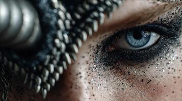 Close-up view of dramatic eye makeup with metallic elements and bold textures reflecting artistry and creativity photo