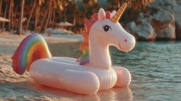 Colorful unicorn float lying by the water at a tropical beach during sunset photo
