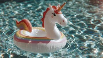Bright inflatable unicorn floats in shimmering pool water on a sunny day photo