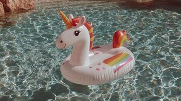 Colorful unicorn float rests in clear water under bright sunlight near rocky surroundings photo