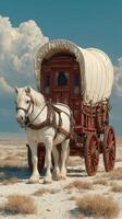 White horse pulls wooden wagon across a dry landscape under a clear blue sky with fluffy clouds photo