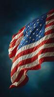 Waving United States flag against a dark blue sky captures patriotic spirit and symbolism of freedom photo