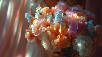 Bright floral bouquet with pastel colors held by a person in soft light during a spring celebration photo