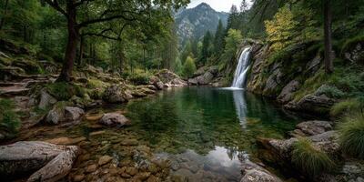 Serene waterfall cascading into a clear pool surrounded by lush green forest at midday in a mountainous region photo