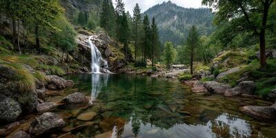 Serene waterfall cascading into crystal clear pool surrounded by lush greenery and mountains in a tranquil forest setting photo