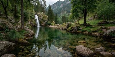 Serene waterfall cascading into a tranquil pool surrounded by lush trees in a scenic mountain landscape photo