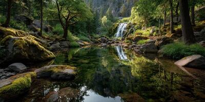 Waterfall cascading into a serene mountain lake surrounded by lush green trees in the afternoon light photo