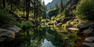 Clear waterfall cascades into a serene pond surrounded by lush greenery in the mountains during a sunny day photo