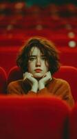 Young woman experiences deep contemplation in a theater with red seats during a quiet moment in the afternoon photo