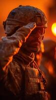Soldier salutes during sunset at military training exercise in an arid landscape with warm tones photo