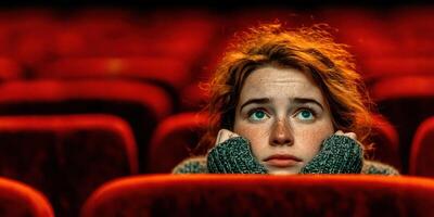 Young girl watches intently with a thoughtful expression in a dimly lit theater filled with red seats photo