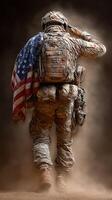 Soldier saluting with an American flag draped in a dusty environment during a moment of remembrance photo