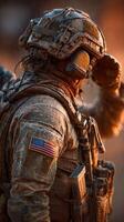 Soldier saluting during sunset in a rugged, wet environment while on duty in a military operation photo