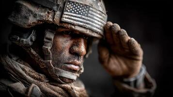 Soldier saluting with dusty uniform in a somber atmosphere during a military operation in rugged terrain photo