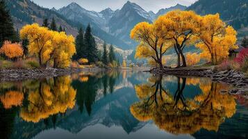 Majestic fall landscape showcasing golden trees and serene lake reflections in the mountains photo