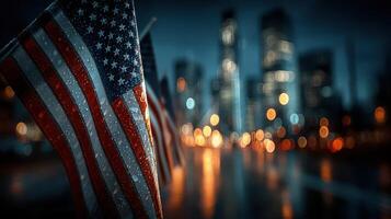 Flags flutter under city lights, showcasing patriotic spirit on a rainy evening in the urban landscape photo