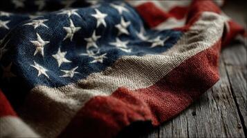 Worn American flag draped over rustic wooden surface highlighting the texture and colors of the fabric in natural light photo