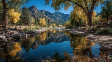 Scenic river reflecting autumn foliage in a mountainous landscape during midday light photo