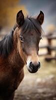 Brown horse with expressive eyes standing in a scenic pasture during autumn afternoon photo