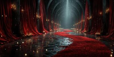 Elegant candlelit corridor with red curtains and flower petals on a reflective floor creating an enchanting atmosphere photo