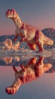 Dinosaur statue standing on rocky terrain with sunset reflections in tranquil water photo