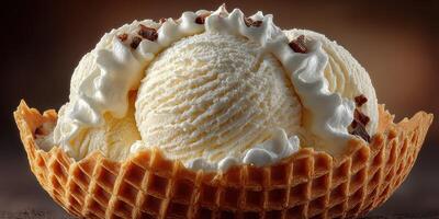 Enjoying a delicious scoop of vanilla ice cream topped with whipped cream in a waffle bowl during a summer evening photo