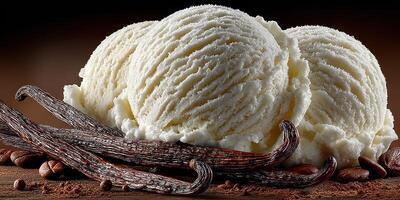 Creamy vanilla ice cream scoops with cocoa beans and vanilla pods arranged artistically on a rustic wooden table photo