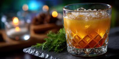Refreshing cocktail served in an elegant glass with ice surrounded by soft candlelight decorations photo