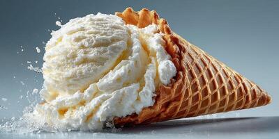 Delicious ice cream cone topped with creamy vanilla scoop in a summer setting photo