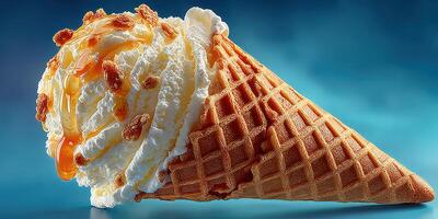Delicious ice cream cone topped with whipped cream and caramel drizzle in a vibrant setting photo