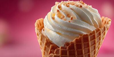 Delicious ice cream cone topped with whipped cream and crunchy sprinkles at a summer festival photo