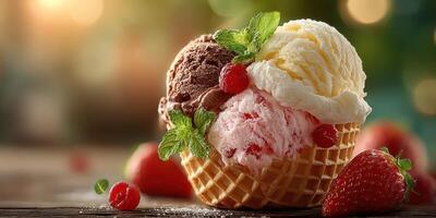 Delicious scoop of chocolate, strawberry, and vanilla ice cream in a waffle cone with fresh raspberries and mint leaves photo