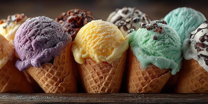 Colorful ice cream cones arranged in a row on a wooden surface with various flavors and toppings during a summer afternoon photo