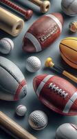 Assortment of sports equipment including footballs, baseballs, and basketballs arranged artistically on a gray surface photo