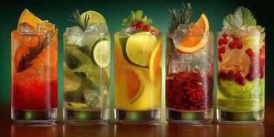Colorful cocktails arranged in five glasses showcasing various fruits and herbs in a vibrant setting photo