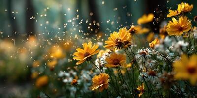 Vibrant wildflowers bloom in a serene forest clearing on a sunny afternoon, creating a lively atmosphere of nature photo