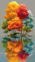 Colorful autumn trees reflect on serene water creating a picturesque landscape in a tranquil setting photo