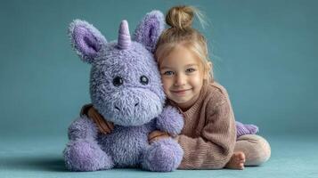 Child smiles while hugging soft purple unicorn toy against a blue background in a cozy indoor setting photo