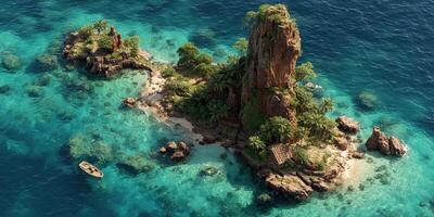 Exploring a tropical island with rocky formations and lush greenery surrounded by clear blue waters photo