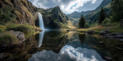 Majestic waterfall cascading into tranquil lake under a dramatic sky in a serene mountainous landscape photo