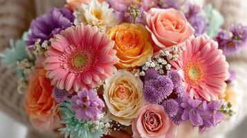 Beautiful bouquet of colorful flowers held by a person indoors during a bright day photo