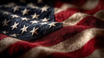 Close view of an American flag showcasing vibrant colors and intricate details in fabric during a patriotic celebration photo