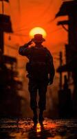 Soldier saluting at sunset in a quiet urban area, symbolizing respect and dedication photo