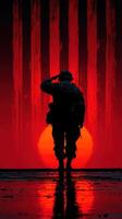 Soldier salutes against a striking sunset with red hues and silhouettes of vertical lines in the background photo