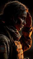 Military woman saluting at sunset in a combat uniform with tactical gear photo