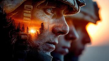 Soldiers in profile with sunset silhouette and forest background during a military training exercise at dusk photo