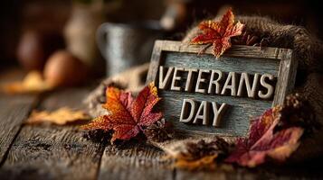 Celebration of Veterans Day with autumn leaves and rustic decor on a wooden table photo