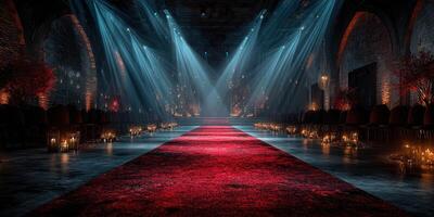 Dramatic red carpet event in a dimly lit venue with candles and atmospheric lighting photo